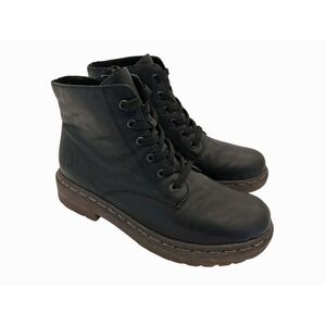 Rieker Boots Womens Size 10 Black Leather Ankle Combat Lace Up Zip Lined Warm